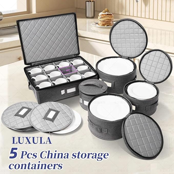 Luxula China Storage Containers for 12 Place Setting with Two Plate Bags, 5 Pcs Hard Shell Quilted China Storage Cases for Dinner Plates, Salad Plates, Dessert Plates, Saucers, Cups & Mug Storage