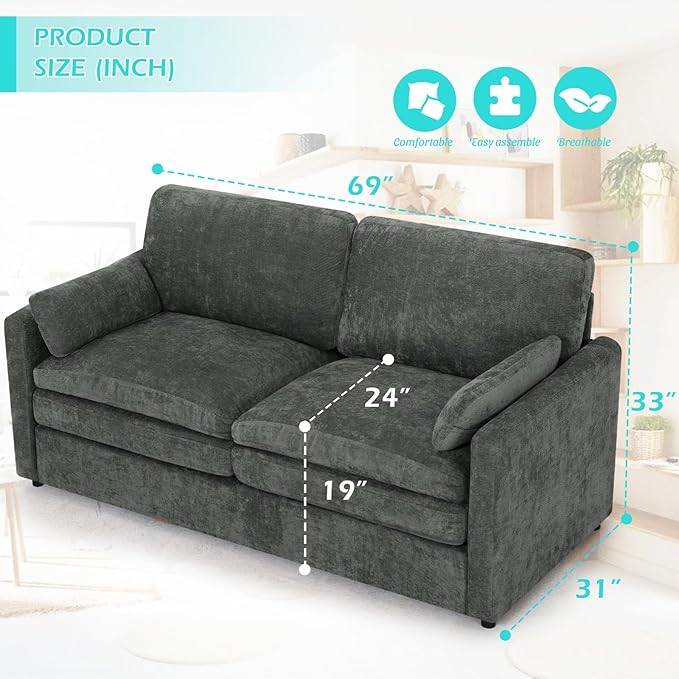 ACMEASE 3 Pieces Chenille Sofa Set w/Arm Pillows, Upholstered Loveseat & 2 Pieces 3 Seater Sofa w/Comfortable Back Cushions, Modern 2-Seat & 3-Seat w/High-Density Foam for Living Room, Grey