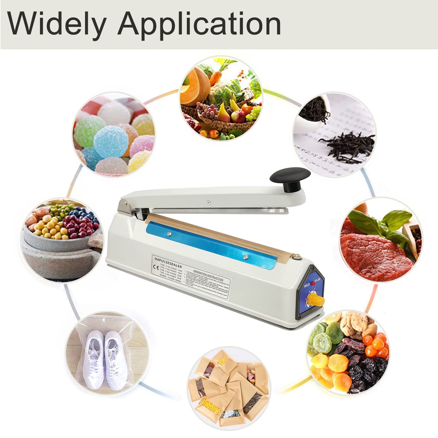 Impulse Sealer 8 Inch 5mm Sealing Heat Sealer for Plastic Bags, Iron Metal Shell, Mylar Bag Sealer, Manual Poly Plastic Bag Hot Seal Machine, 4 Repair Kit(2 Cutting Lines Included)