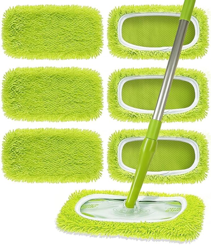 6 Pack Reusable Microfiber Mop Pads Compatible with Swiffer Sweeper Mop, Washable Wet Mopping Pad Refills and Dry Sweeping Cloths for Hardwood, Vinyl, Tile, Laminate, and Multi-Surface Cleaning