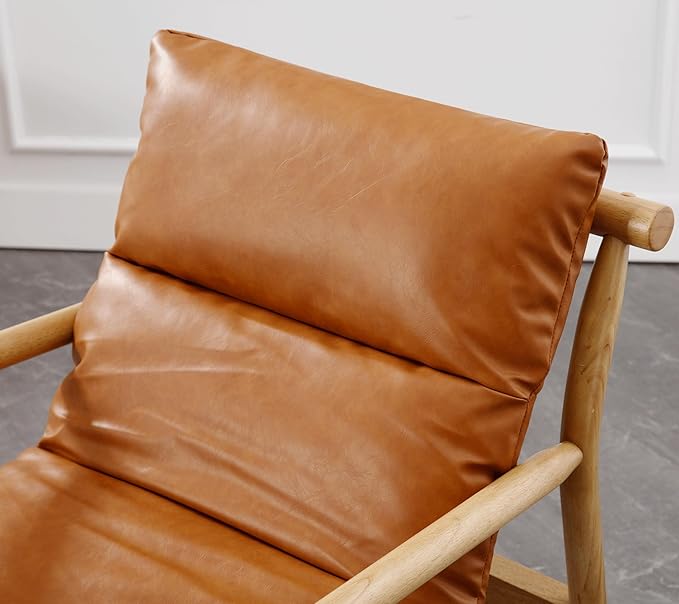 Faux Leather Accent Chair Set of 2 Mid Century Modern Living Room Chairs Comfy Arm Chair with Solid Wood Frame Upholstered Lounge Reading Chair Cozy Recliner for Bedroom/Guest Room, Brown