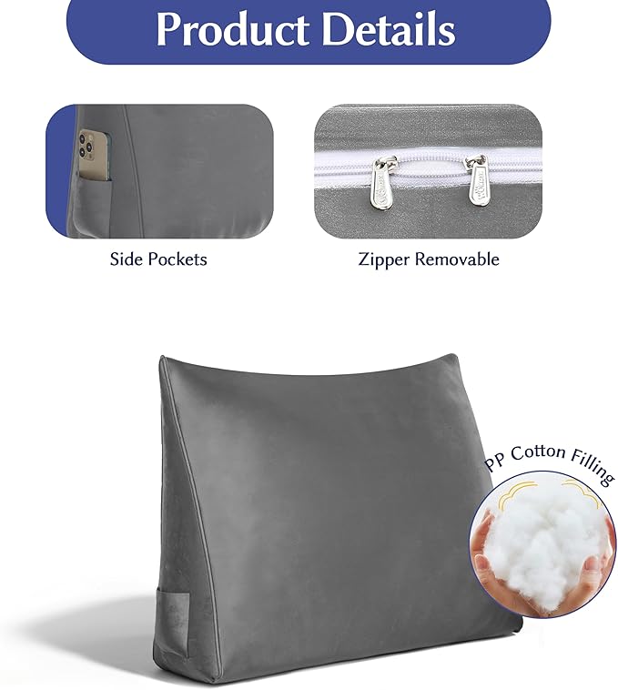 WOWMAX Back Pillow for Bed Sitting up-Bed Wedge Pillow Back Support Pillows for Bed & Sofa Couch, Velvet(100% Cotton), Light Gray