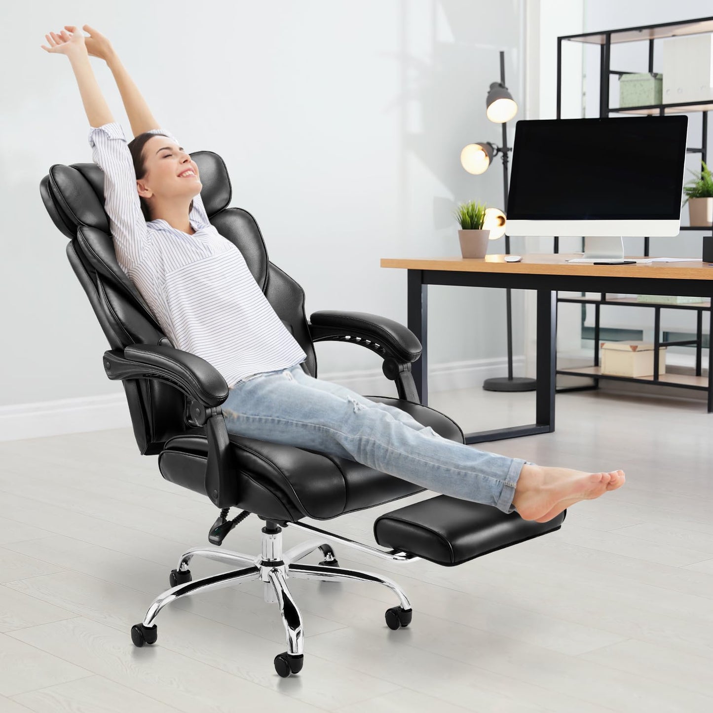 COLAMY Office Chair with Retractable Footrest, Ergonomic High Back Design Executive Computer Desk Chair with Removable Lumbar Pillow, 90-135°Reclining,Thick Bonded Leather for Home Office,2pcs-Black