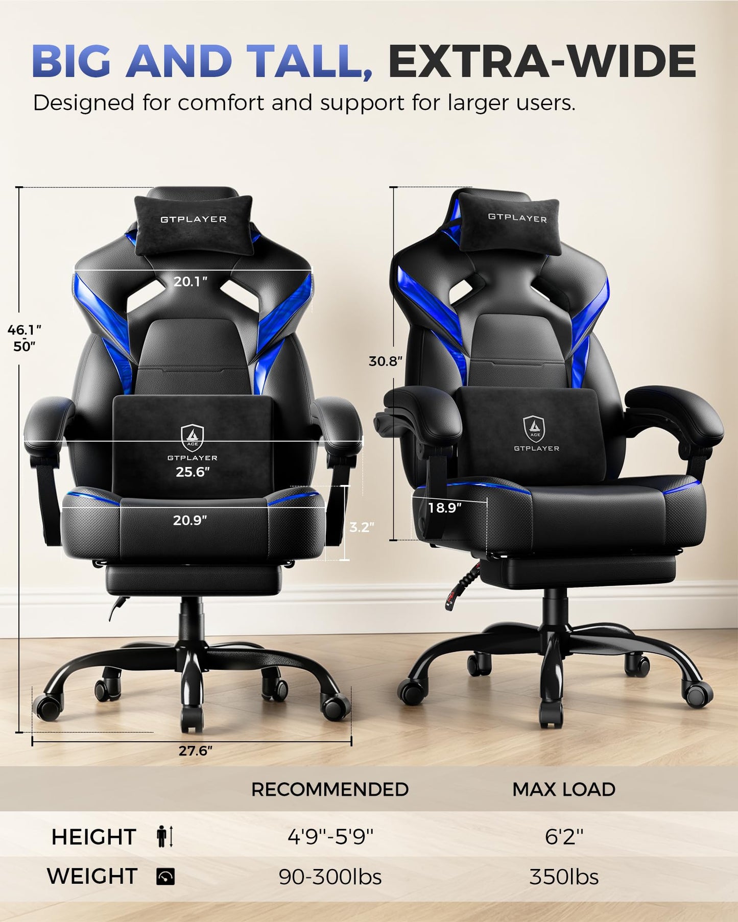 GTPLAYER Big and Tall Gaming Chair with Footrest, High Back Ergonomic Office Chair for Adults, Heavy Duty 350 lbs Capacity, Premium Leather & Iridescent Trim, ACE-Armor, Blue