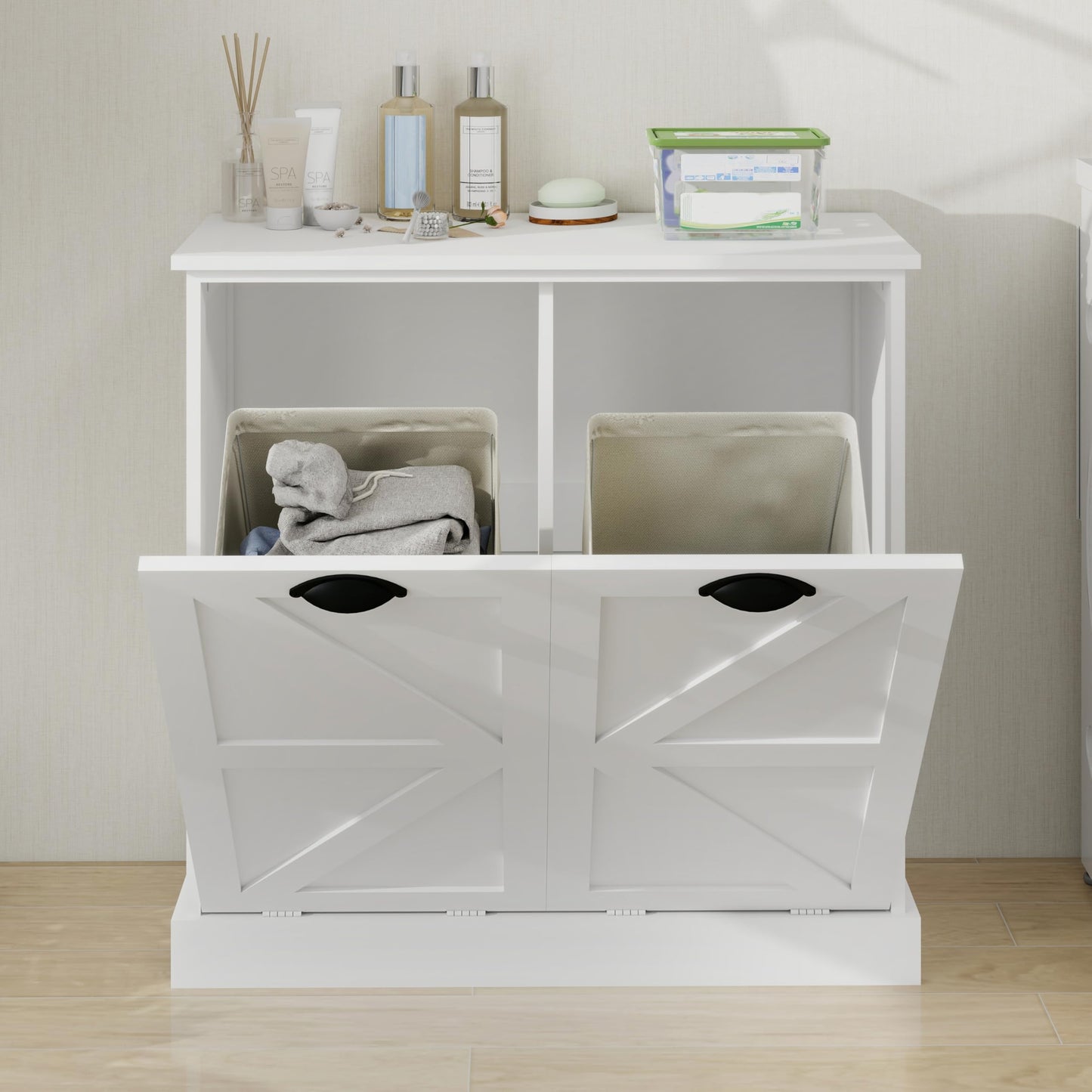 agnixnaf White Sorter Cabinet, Two-Compartment, Tilt-Out Laundry, Easy to Maintain, Storage Organizer for Living Room, Bedroom