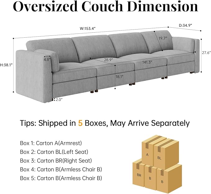 CUGOAO 153.4'' Modular Sectional Sofa, Oversized, Sectional Couch, Deep Seat Chenille Cloud Couch Sofa, Removable Cover, Mordern Upholstered Couches for Living Room, Apartment, Office, Grey