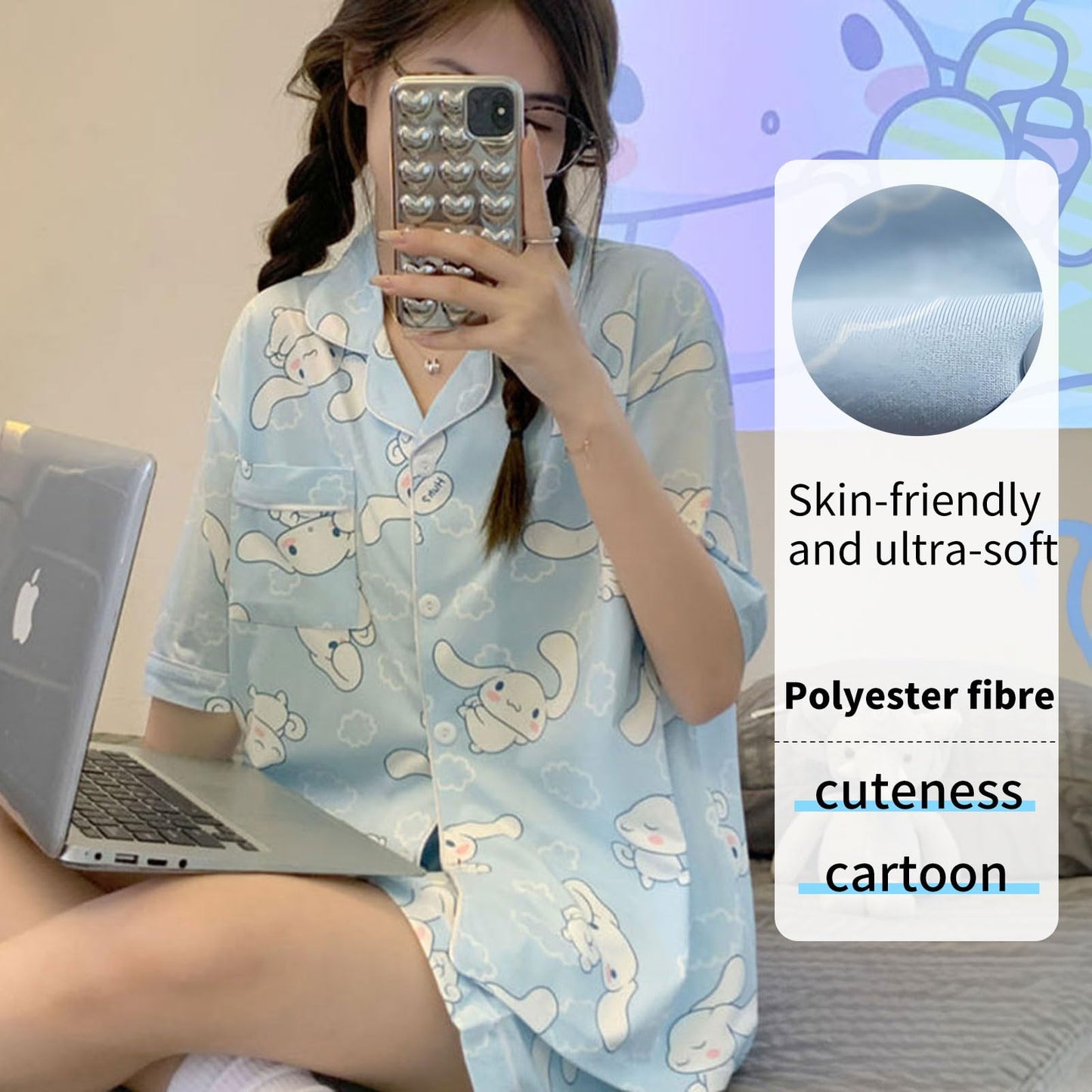 TradWloth Cute Women's Pajama Sets, Cartoon Print Sleepwear Short Sleeve Shirt and Casual Short - 2 Piece Blue