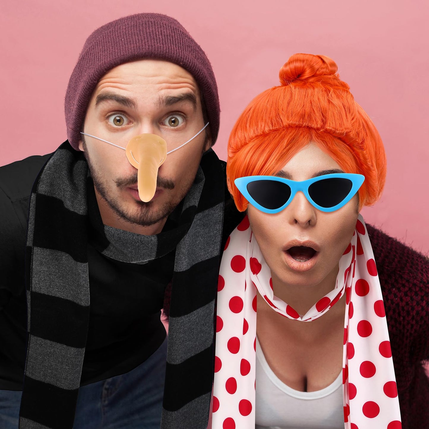 Zoooyawn 5 Pcs Halloween Costume Set Include Black Gray Striped Scarf Red Polka Dot Scarf Wig Blue Frame Sunglasses Fake Nose for Halloween Party Cosplay Costume Accessories