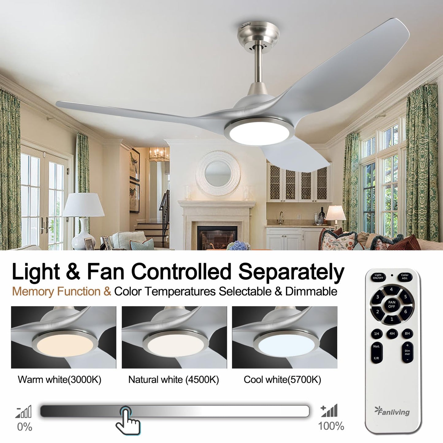 Fanliving 52 Inch Quiet DC Motor Ceiling Fan with Light Remote Control, Indoor 3 Blade Silver Modern Ceiling Fan for Bedroom Living Room Porch
