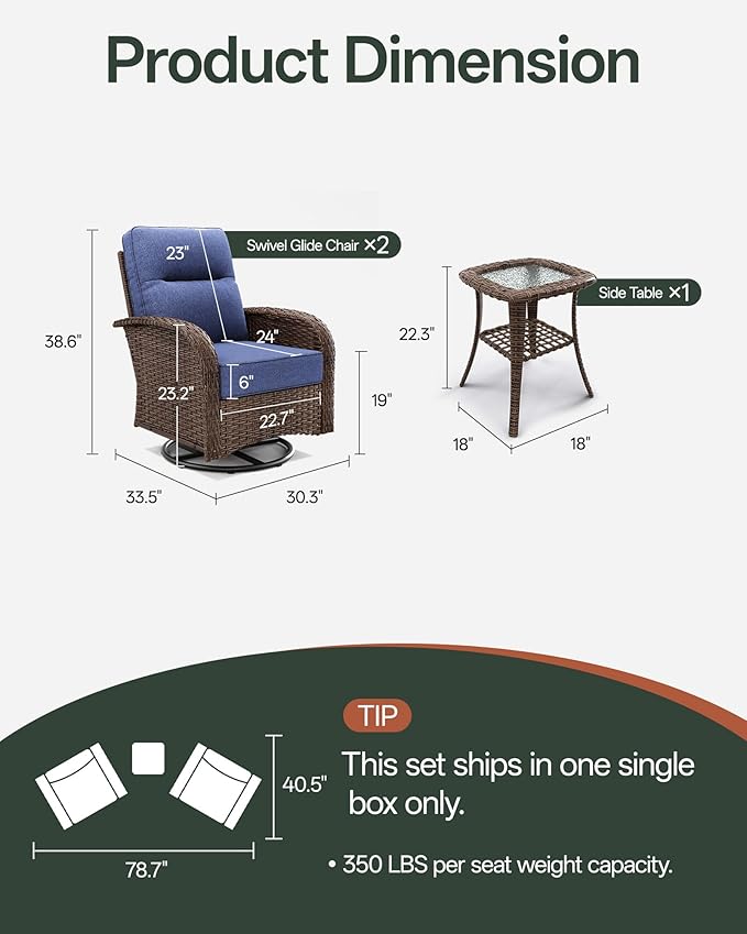 3-Piece Patio Furniture Set with 6-Inch Thick Cushions, High Back Outdoor Swivel Rocker Chairs and Table, All-Weather Conversation Set for Porch, Deck, Balcony, Yard in Blue