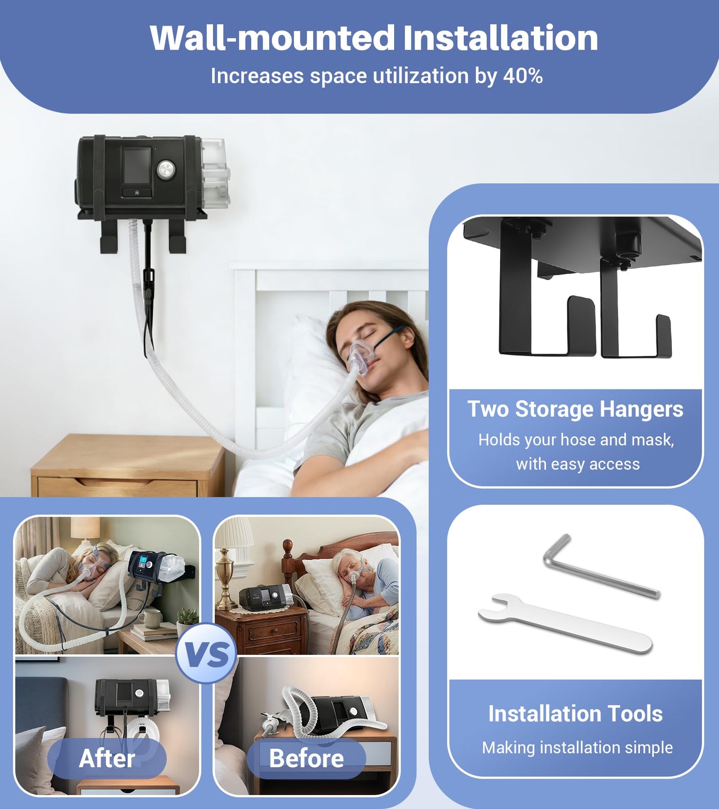 CPAP Hose Holder Wall Mount,Easy to Install,Equipped with Mask Hooks & Adjustable CPAP Tubings Hose Hanger,Space Saving CPAP Shelf,Bedside Organizer