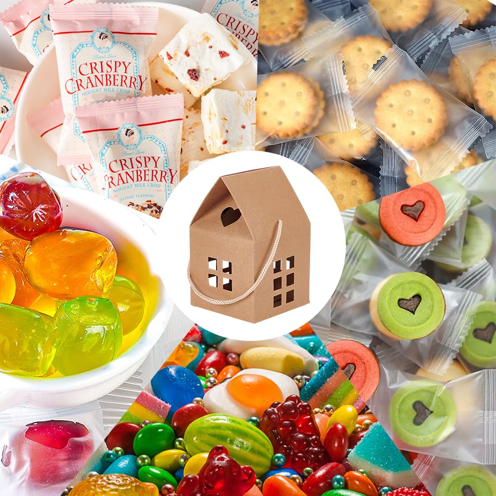 BENECREAT 30Pcs House Shaped Gift Boxes, 3x3x5inch Log Kraft Paper Candy Box Cardboard Treat Boxes for Wedding Baby Shower Birthday Party