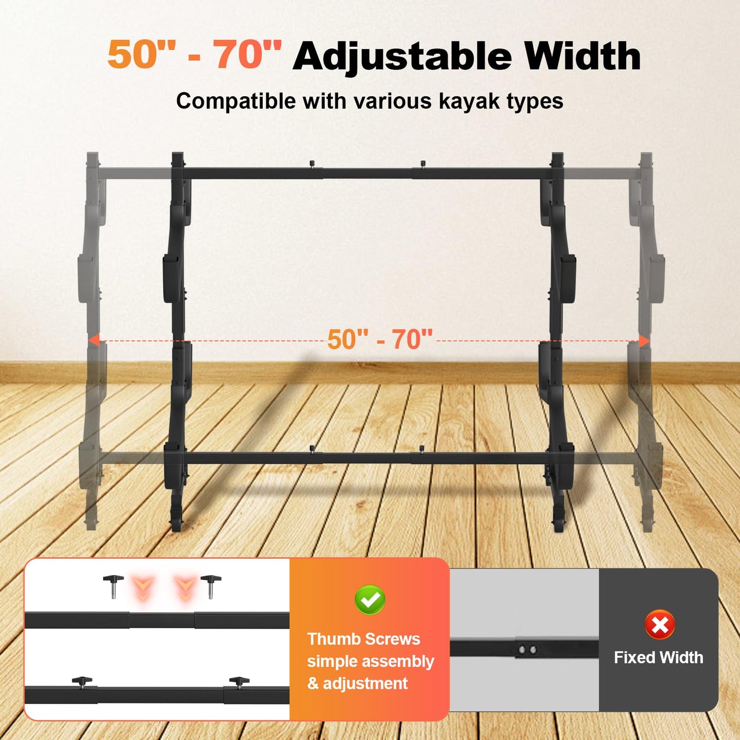 Kayak Storage Rack, Heavy Duty Steel Hanger for 4 Kayaks Stand, Canoe, SUP & Surfboard with Adjustable Width, Movable Wheels, Secure Straps, and Padded Arms for Indoor/Outdoor/Garage Storage