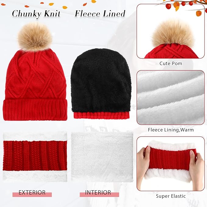 SATINIOR 5 Pcs Winter Hat Scarf Gloves Set Fleece Warm Lined Knit Beanie Hat Touch Screen Earmuff Gloves Warmer for Women(Red,Stylish Style)