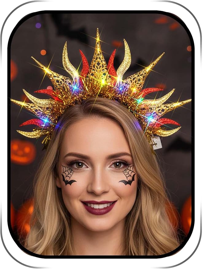 Lorealri Festive Sun Crown Light Up Headband, Gold and Red Glitter, LED Rave Party Costume Accessory for Women (Gold-Red ...