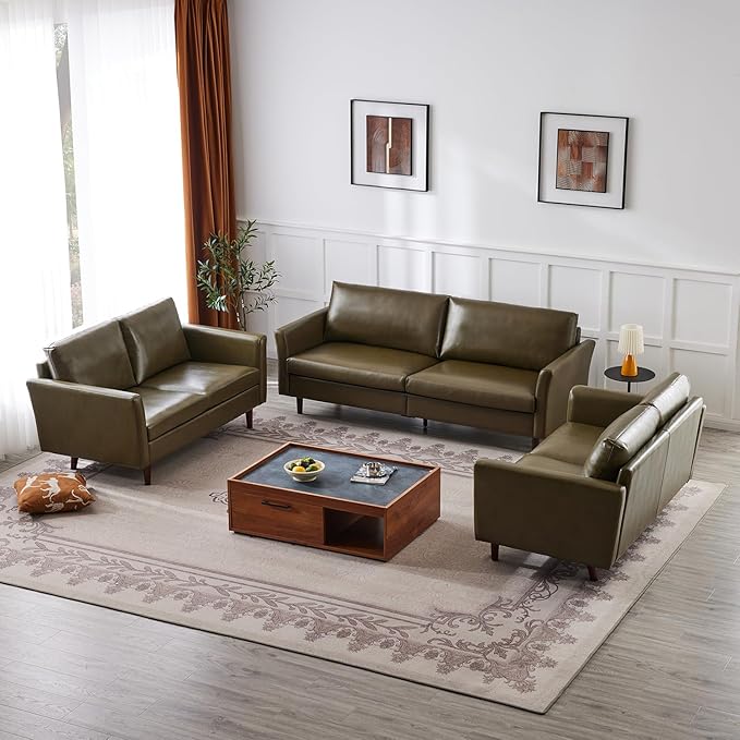 Kingfun Faux Leather 3 Seat Couch Set for Living Room, Mid Century Modern Sofa with Rolled Arms and Deep Seats, Fluffy Comfort for Apartment, Easy to Assemble, Olive Green Sofa and 2 Loveseat
