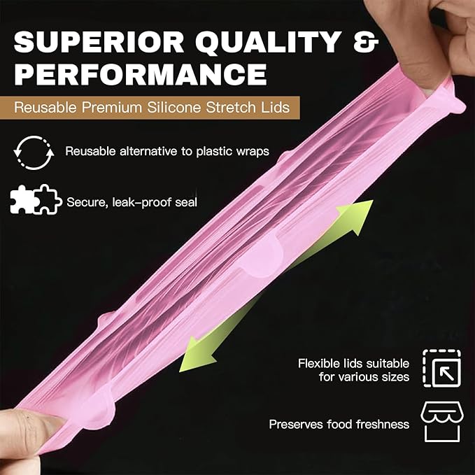 Reusable Silicone Stretch Lids – 18PCS Round & Square Stretchy Food Covers, Airtight & Leakproof, Microwave & Dishwasher Safe Pink