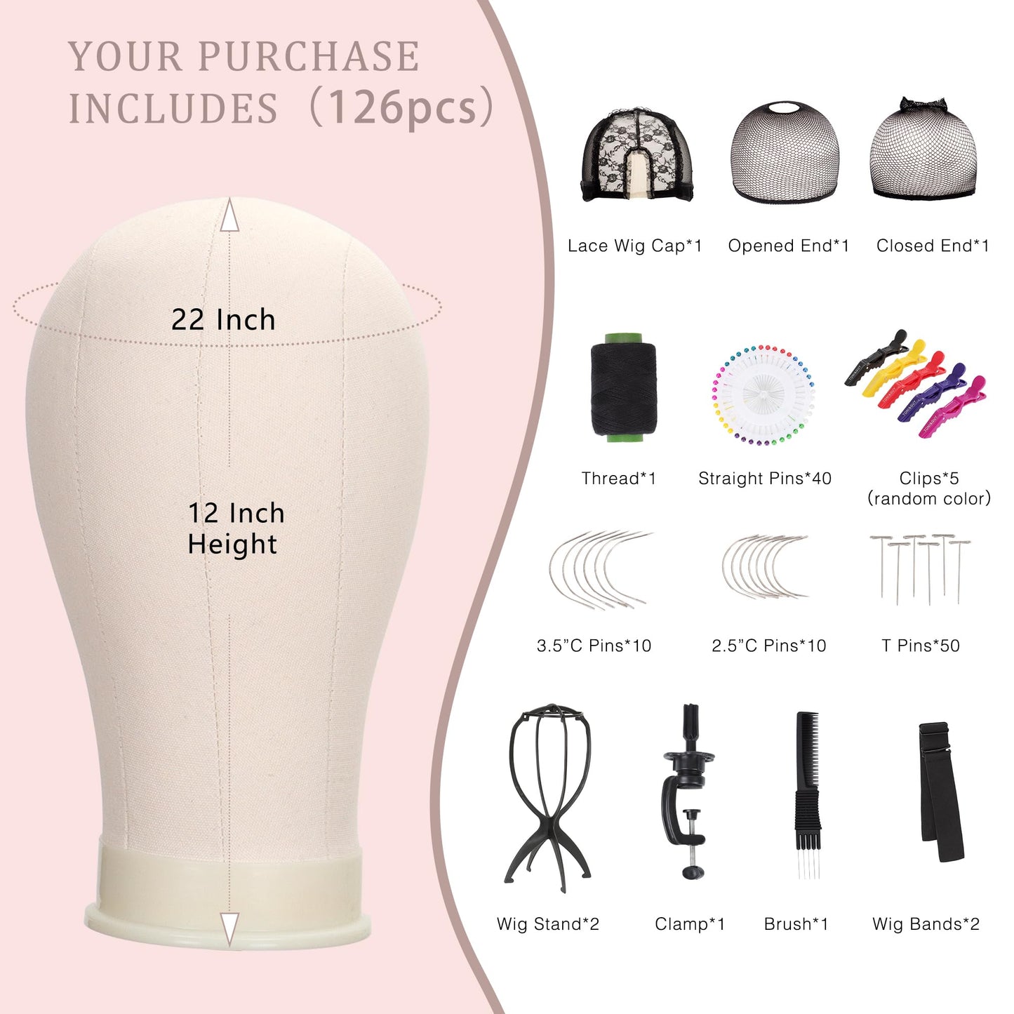 22 Canvas Block Mannequin Head for Wig Making, Hair Weaving, Styling and Display - Realistic Canvas Wig Head with Mount Hole, Fi