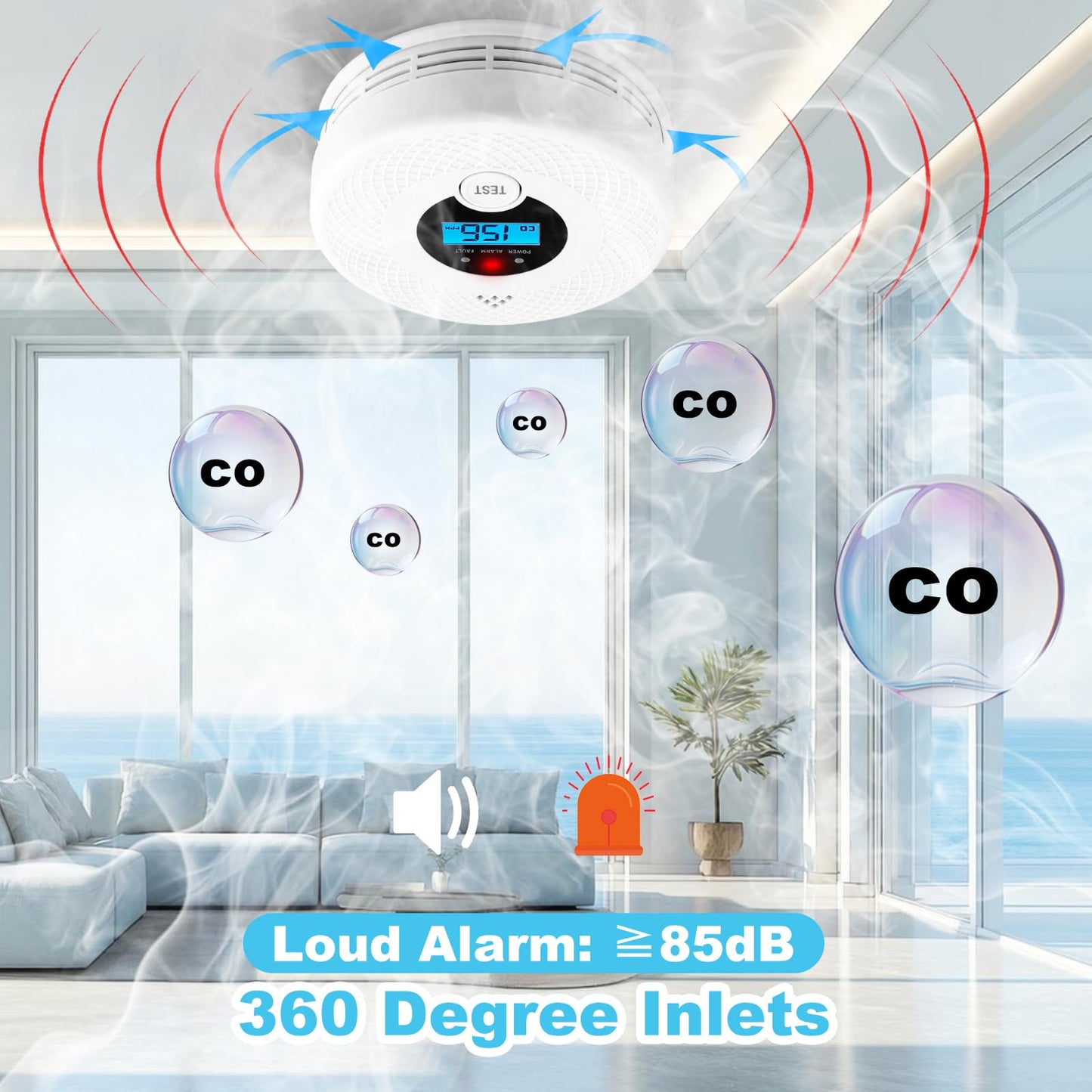 1 Pack Smoke and Carbon Monoxide Detector with LCD Display, 85dB Alarm, Test Button, LED Indicators, Battery-Operated Fire Alarm Smoke Detector for Home, Kitchen, Bedroom, Office