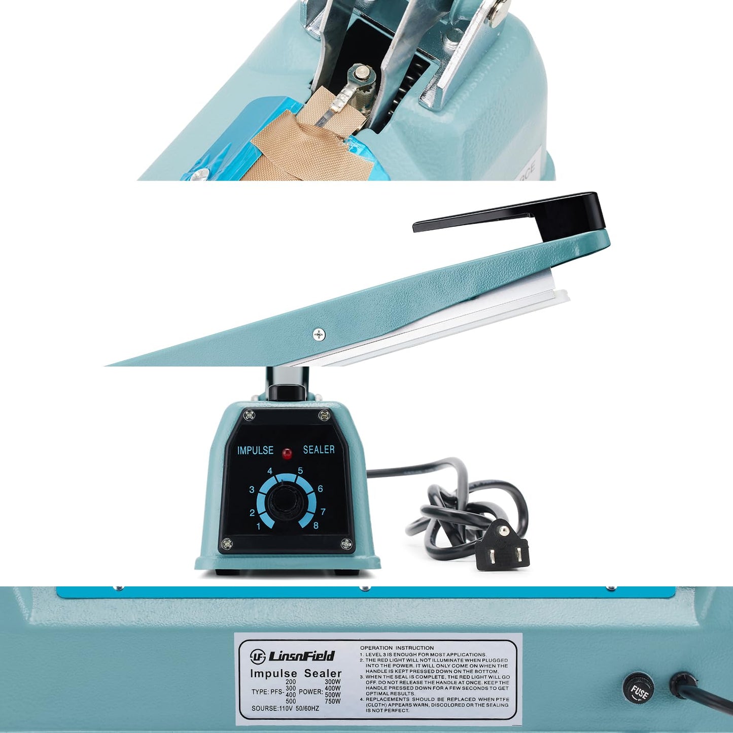 LinsnField Commercial Bag Sealers 12 inch, 2mm Sealing Width Iron Impulse Sealer, Heavy Duty Manual Shrink Wrap Heat Sealer Machine with 1 Replacement Kits 2 Fuses, Blue