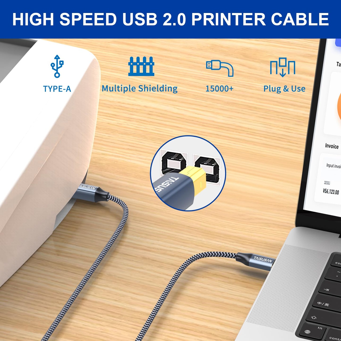 Taisusan Usb C Printer Cable 20Ft, Compatible With Keyboard, Macbook Pro/Air, Printers And Scanners - Usb B To C Midi Cable