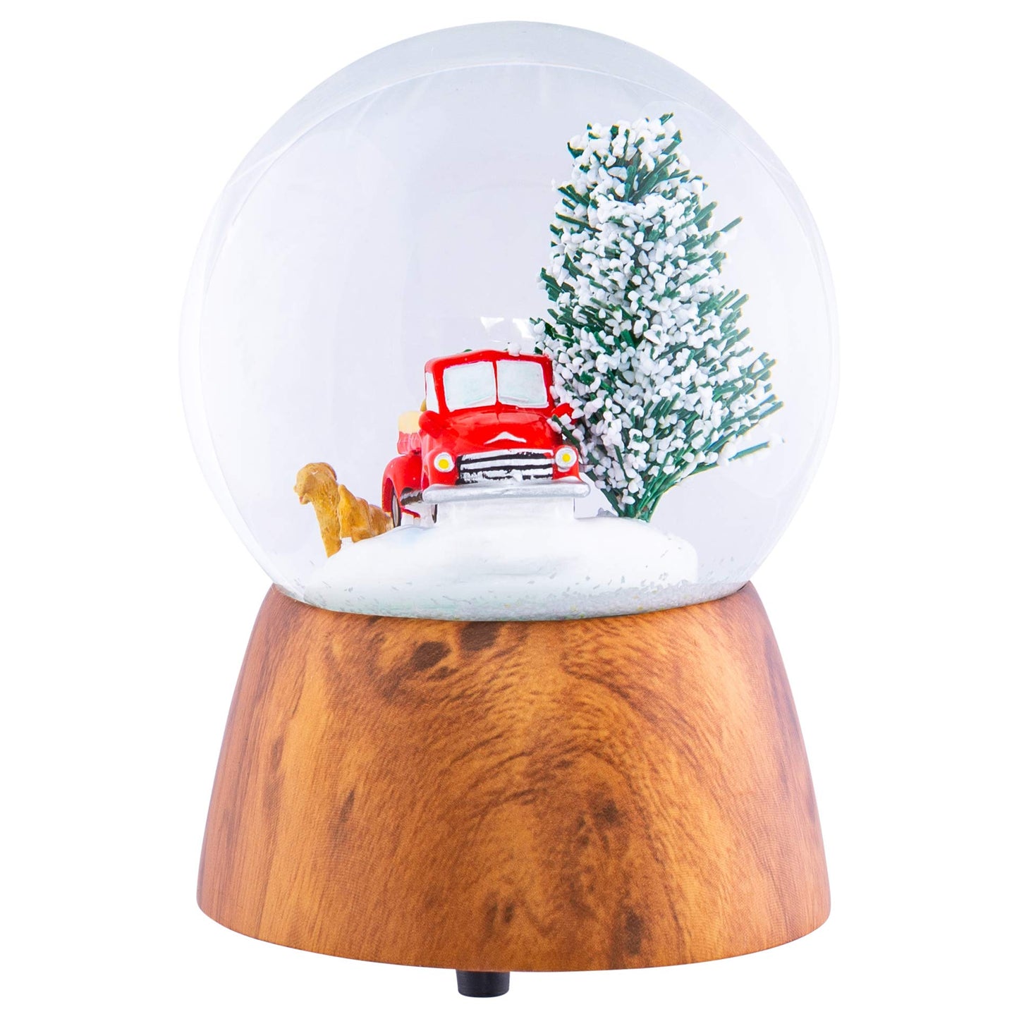 Red Truck With Dogs Cherry Woodgrain 6 x 4 Resin and Metal Holiday Musical Snow Globe