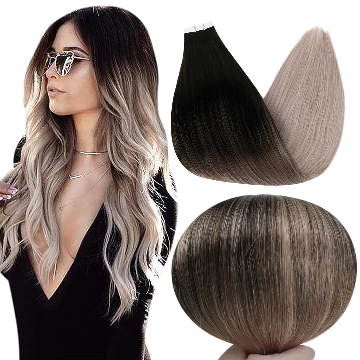 Full Shine Tape in Hair Extensions Human Hair 14 Inch Color 1B Off Black Fading to 18 Ash Blonde Tape in Hair Extensions Invisib
