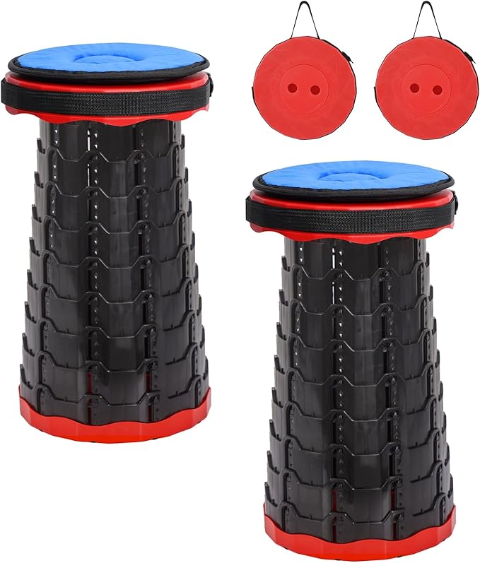 FXKS 2 Pack Portable Telescoping Stools Collapsible Stool with Cushion,Retractable Foldingstool Max Load Capacity 400lbs, Portable Collapsible Stools for Camping Hiking Outdoor BBQ Black-Red