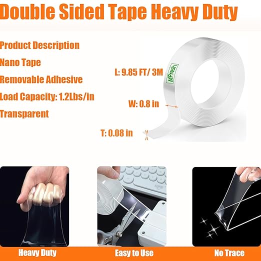 Heavy Duty Double Sided Tape, Strong Nano Tape Double Stick Mounting Tape, Clear Removable No Trace Adhesive Tape for Home, Office, Car, Outdoor Use, Picture Hanging, Poster, Rug, Object Fixing Strips