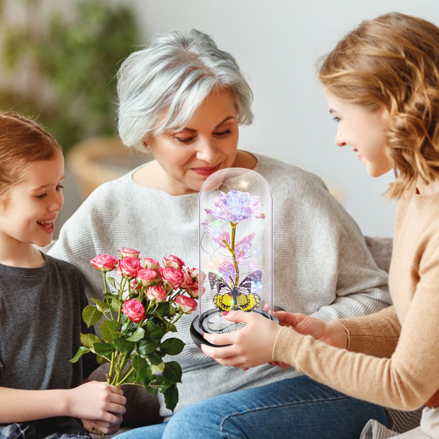 Birthday Gifts for Women Mom, Galaxy Glass Rose Forever Eternal Crystal Flower Light Up Rose in Glass Dome with Butterfly Mothers Day Christmas Rose Gifts for Her Wife Daughter Friends Colorful