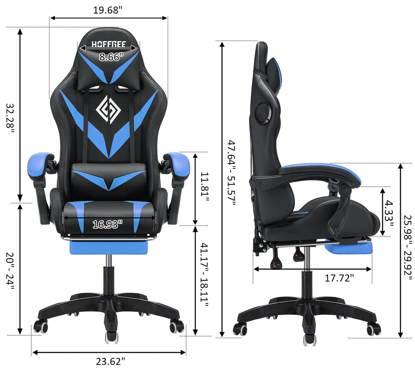 HOFFREE Gaming Chair Massage with Bluetooth Speakers and Led Lights Ergonomic Computer Gaming Chair with Footrest RGB Video Game Chair with High Back Lumbar Support Blue and Black