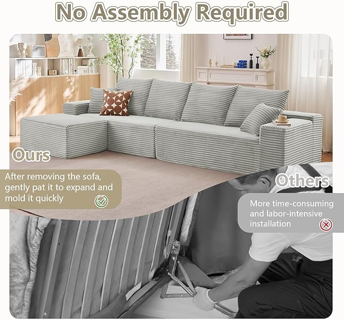 140" Sectional Cloud Couch for Living Room, Modular Floor Deep-Seat Sofa, Big Comfy Corduroy Couches Set with Fluffy Memory Foam, Stupendous L Shaped Sofas, No Assembly Required, Grey