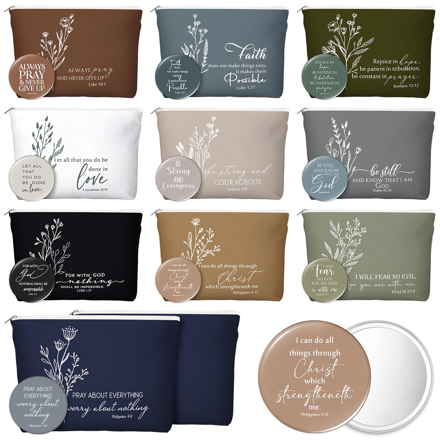 Reginary 10 Sets Grandparent Day Gifts 10 Religious Canvas Makeup Bags 10 Bible Verse Compact Mirrors Church Inspirational Gifts for Ladies Clergy Appreciation Day(Neutral Colors,Aesthetic Style)