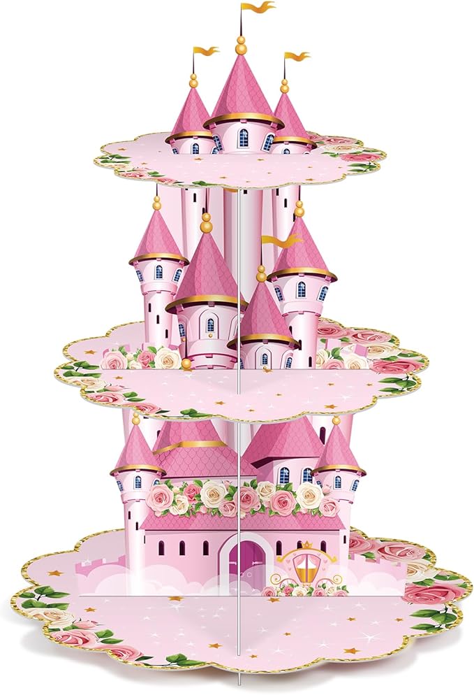 Zopeal 3 Tier Princess Birthday Cupcake Stand Party Decorations Floral Princess Cupcake Holder Pink Castle Crown Carriage ...