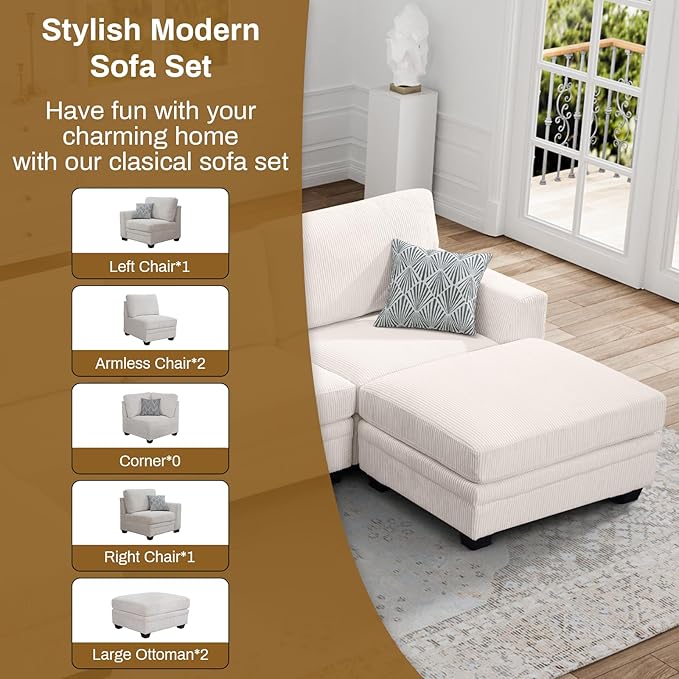 Legend Vansen Oversized Modular Sectional Sofa,6 Seat U Shaped Couch with Ottoman,Corduroy Sofa with Deep Seat,Convertible Large Sectional Couches for Living Room(Cream, U-6)