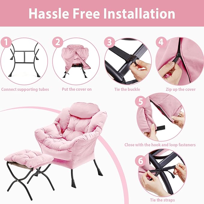 Youtanic Lazy Chair with Folding Ottoman, Accent Chair Velvet Upholstered with Metal Structure and Non-Slip Pads, Sofa Armchair with Footrest and Side Storage Bag for Dorm, Room, Office, Pink