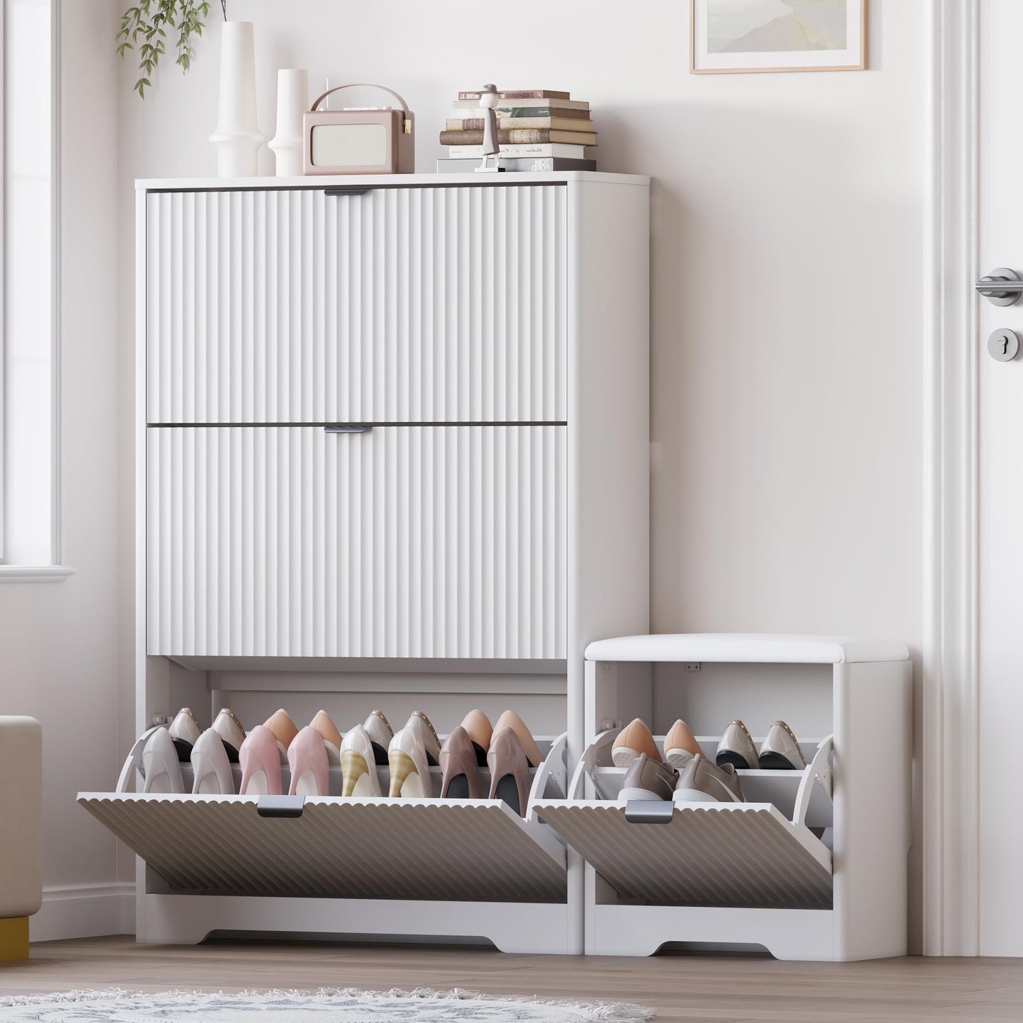 BORNOON Slim Shoe Cabinet with Bench for Entryway, Hidden Storage and Adjustable Shelves, Free Standing Wooden Shoes Organizer for Foyer, Hallway