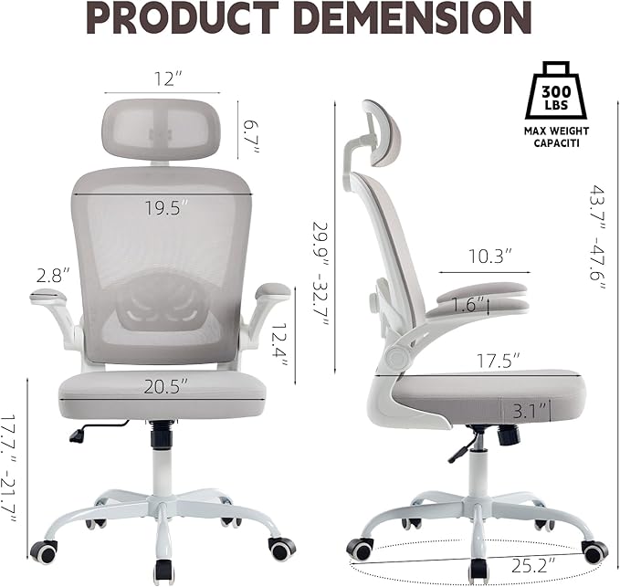 Rishtivin Ergonomic Office Chair with 3D Adjustable Lumbar Support, Mesh High Back, 75° Rotating Headrest, Rocking Function, 300lbs Capacity, Black/White (White)