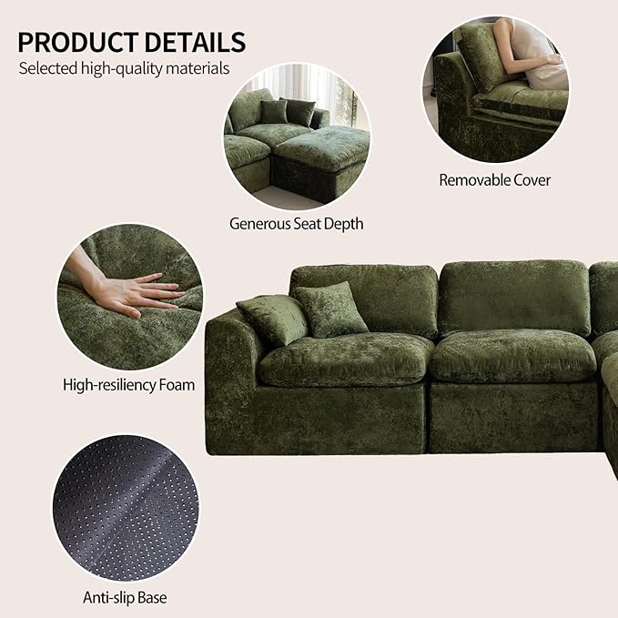 115''Cloud Sectional Couch, Modern L-Shape Sofa with Ottoman, Oversized Convertible 3 Seater Modular Couches for Living Room, Forest Green