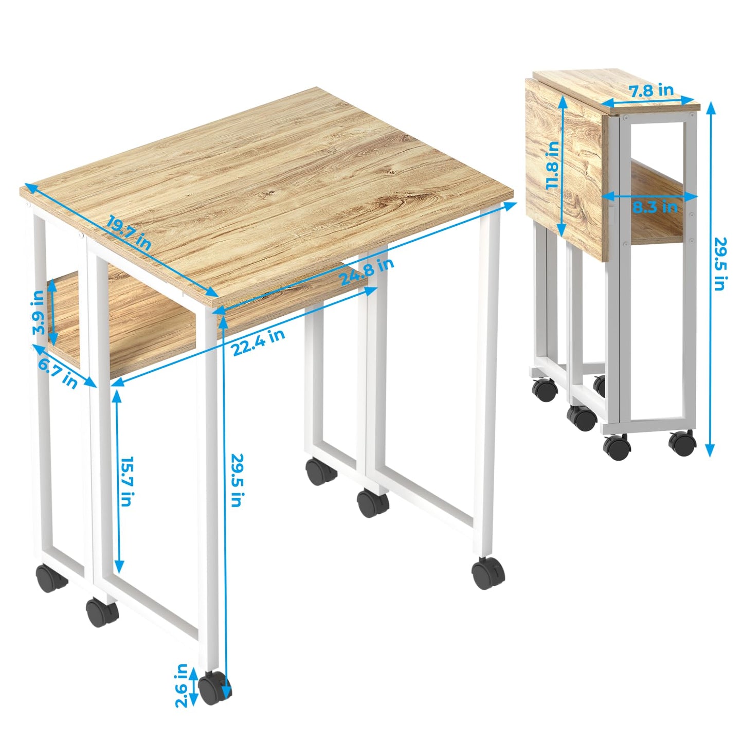 GreenForest Folding Desk Small Rolling Desk with Storage Shelf,24.8 inch Foldable Computer Desk with Wheels for Small Space,Easy Assembly,Oak
