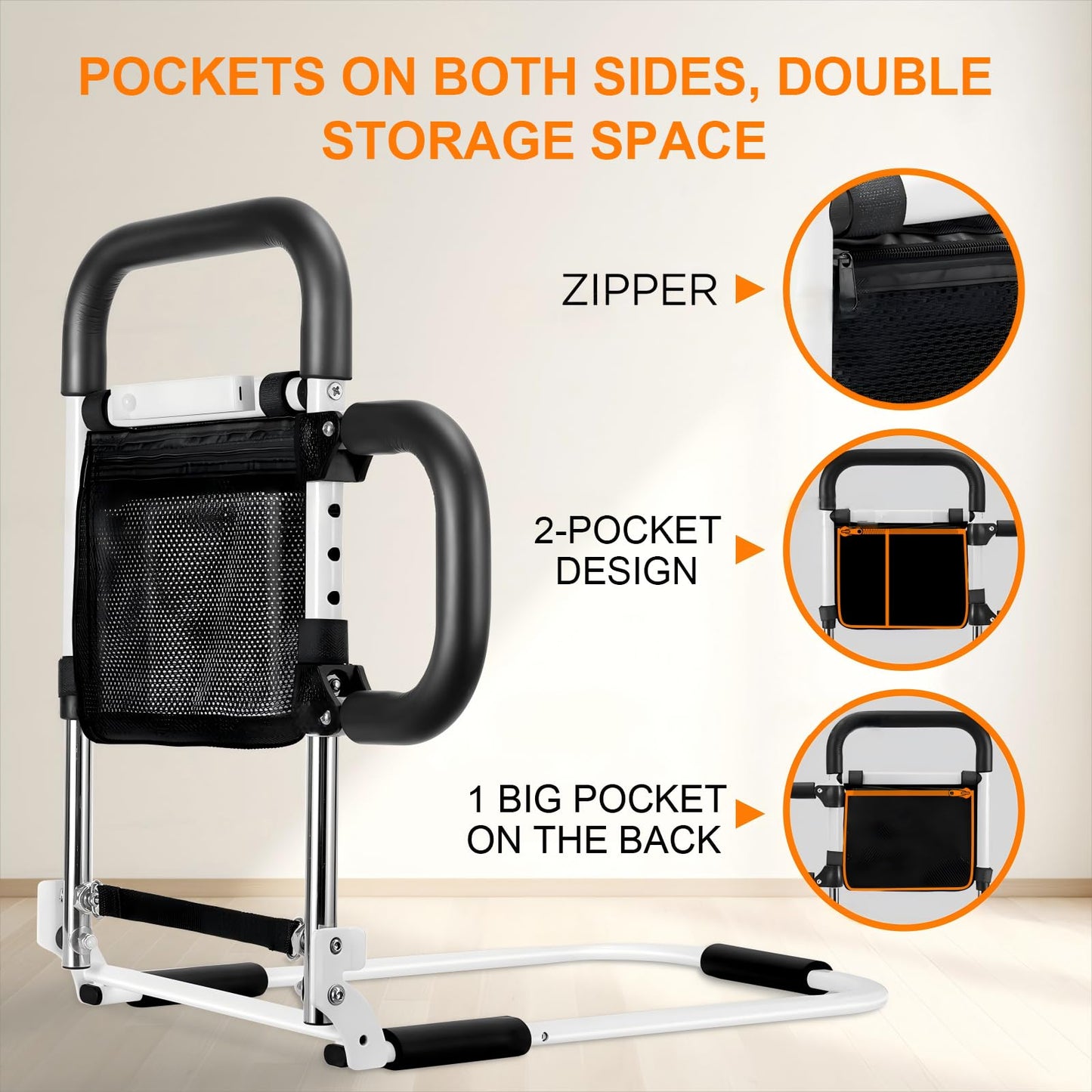 Ojiud Foldable Bed-Rails for Elderly Adults Safety with LED Night Light and Three Storage Pockets, Adjustable Bed-Assist-Rails for Seniors,Portable & Sturdy Grab Bar Bed Cane for King/Queen/Full/Twin