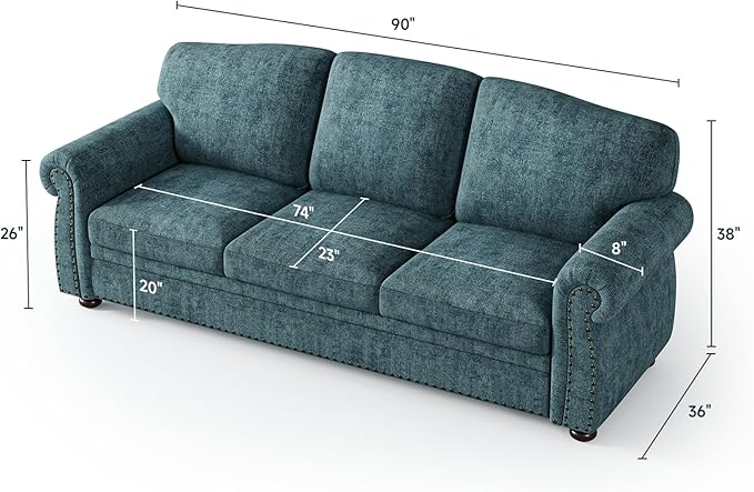 ONBRILL 90 Inch Nailhead Trim Couch for Living Room, 23 Inch Deep Seat Rolled Arm Sofa, Comfy Upholstered 3 Seater Chenille Couch w/Wooden Leg, Large Traditional Sofa for Farmhouse, Teal