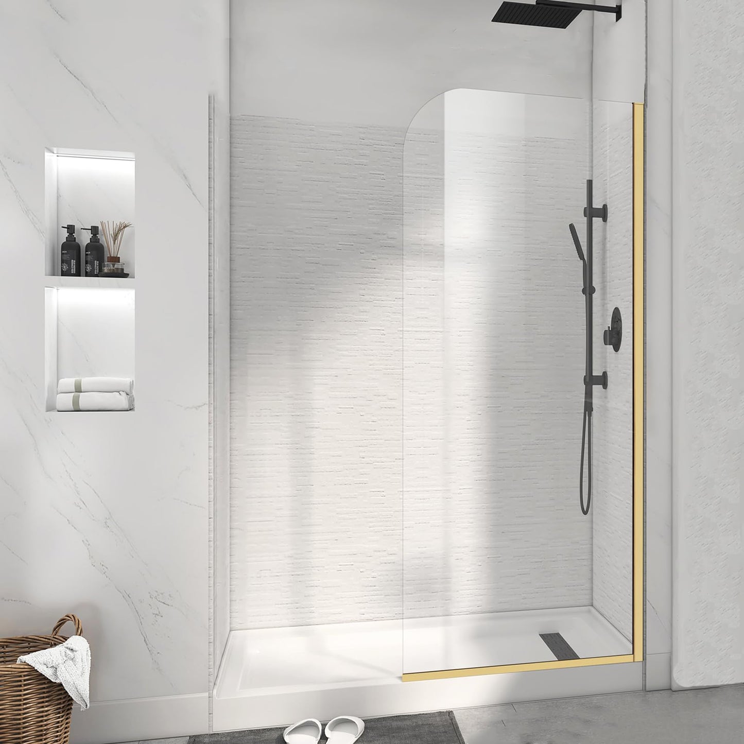 Glass Shower Panel, 34" W x 74" H Semi-Framed Fixed Shower Glass Panel in Brushed Gold with 5/16"(8mm) Clear Tempered Glass Door, Simple Shower Door Panel for Bathroom