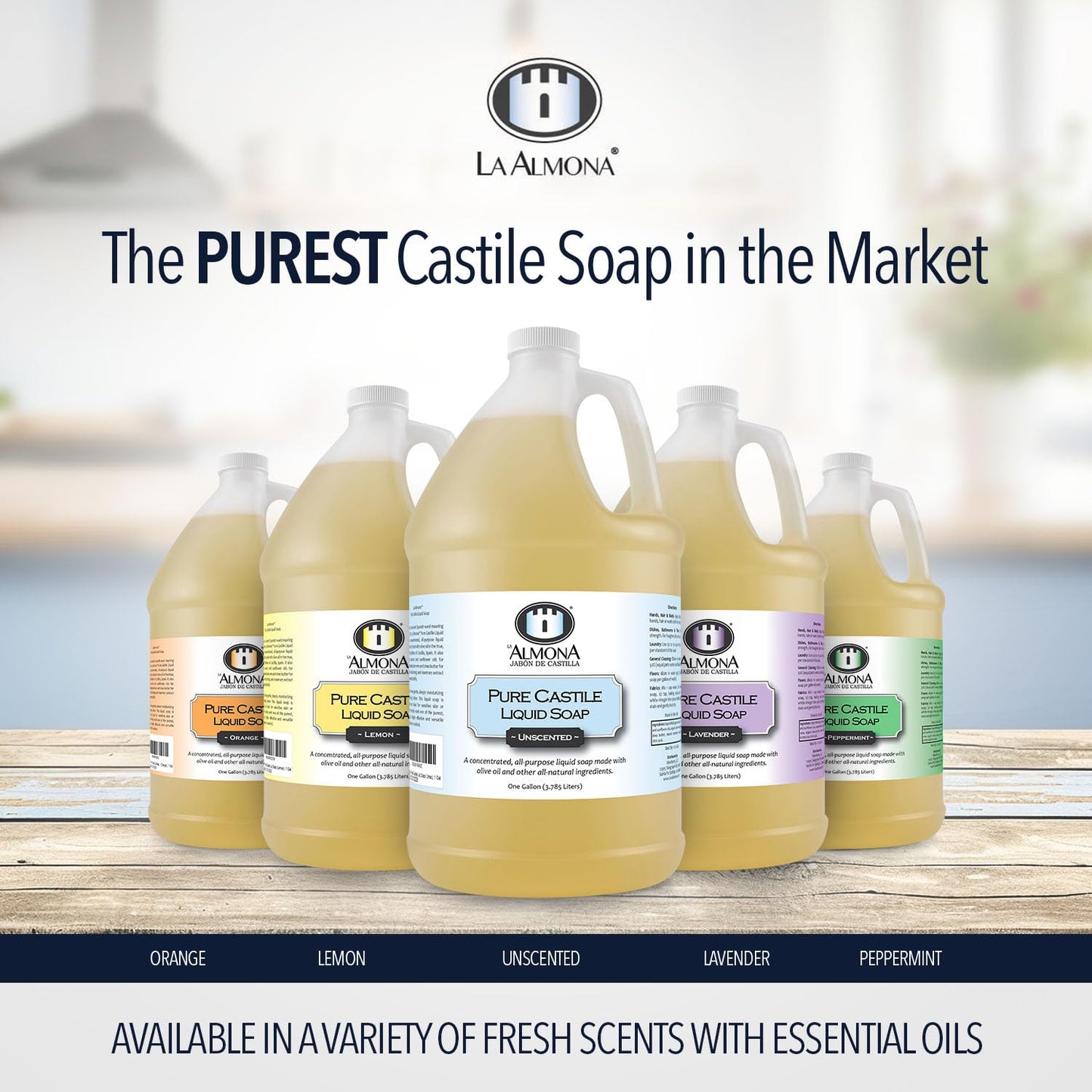 La Almona - Pure Castile Liquid Soap, LEMON, 1 Gallon - Multipurpose: Hands, Face, Body, Laundry, Dishes & More - For Sensitive