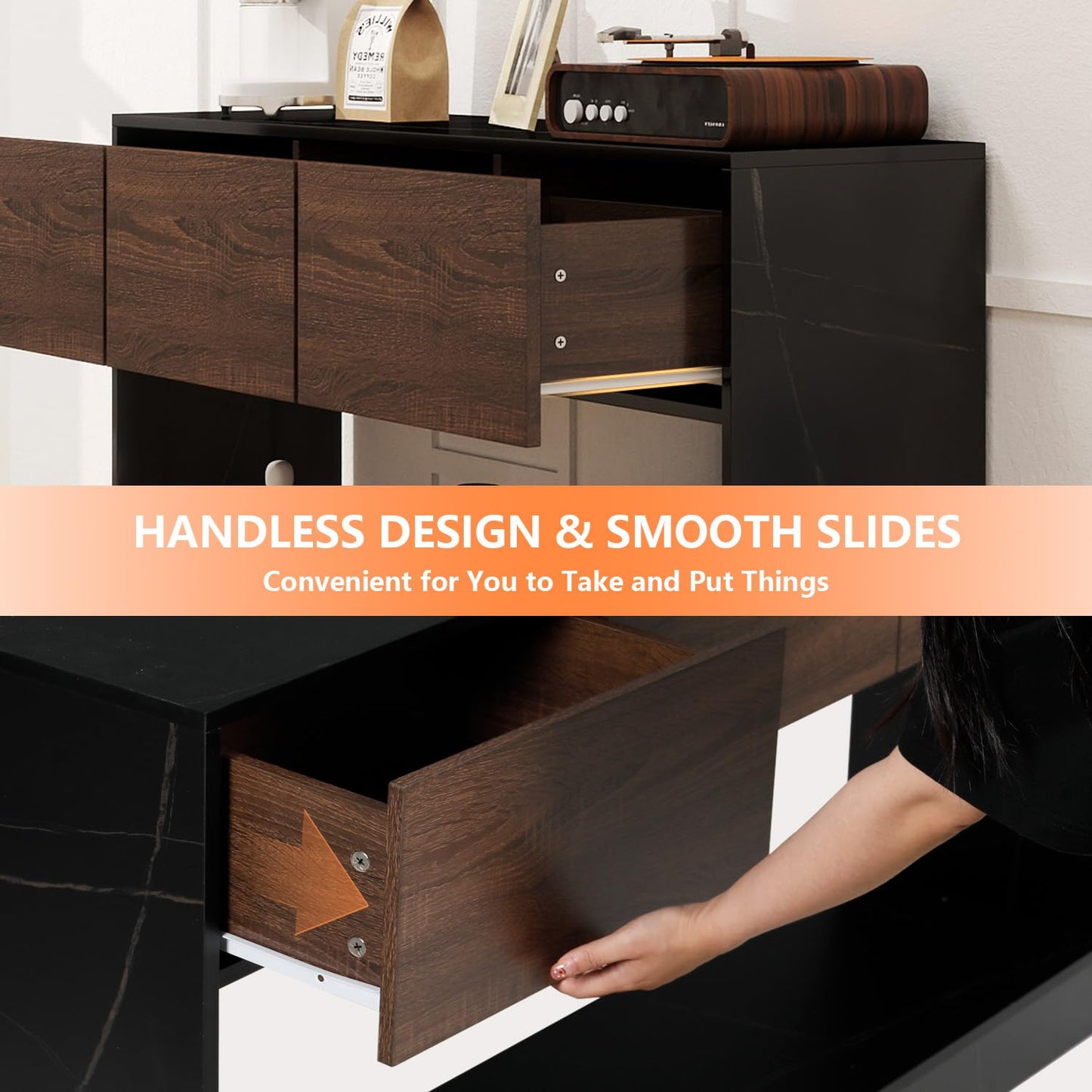 LAZZO 51" Long Console Table 3 Drawers Entryway Sofa Table with Storage and Open Shelf Behind Couch for Living Room, Foyer, Hallway, Entry Black and Office Marble Black and Brown