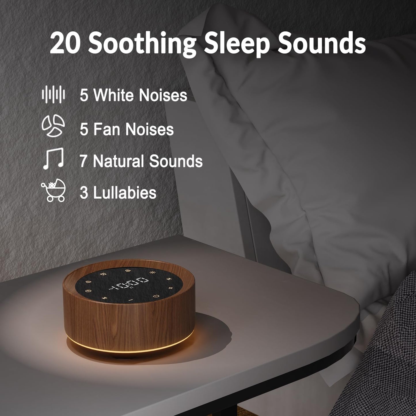 White Noise Sound Machine Alarm Clock 7 Colors Night Light Sound Machine for 20 Soothing Sounds 31 Level Volume 6 Level Screen Brightness 5 Timer Set Memory Function Touch Control for Adult/Baby Wood