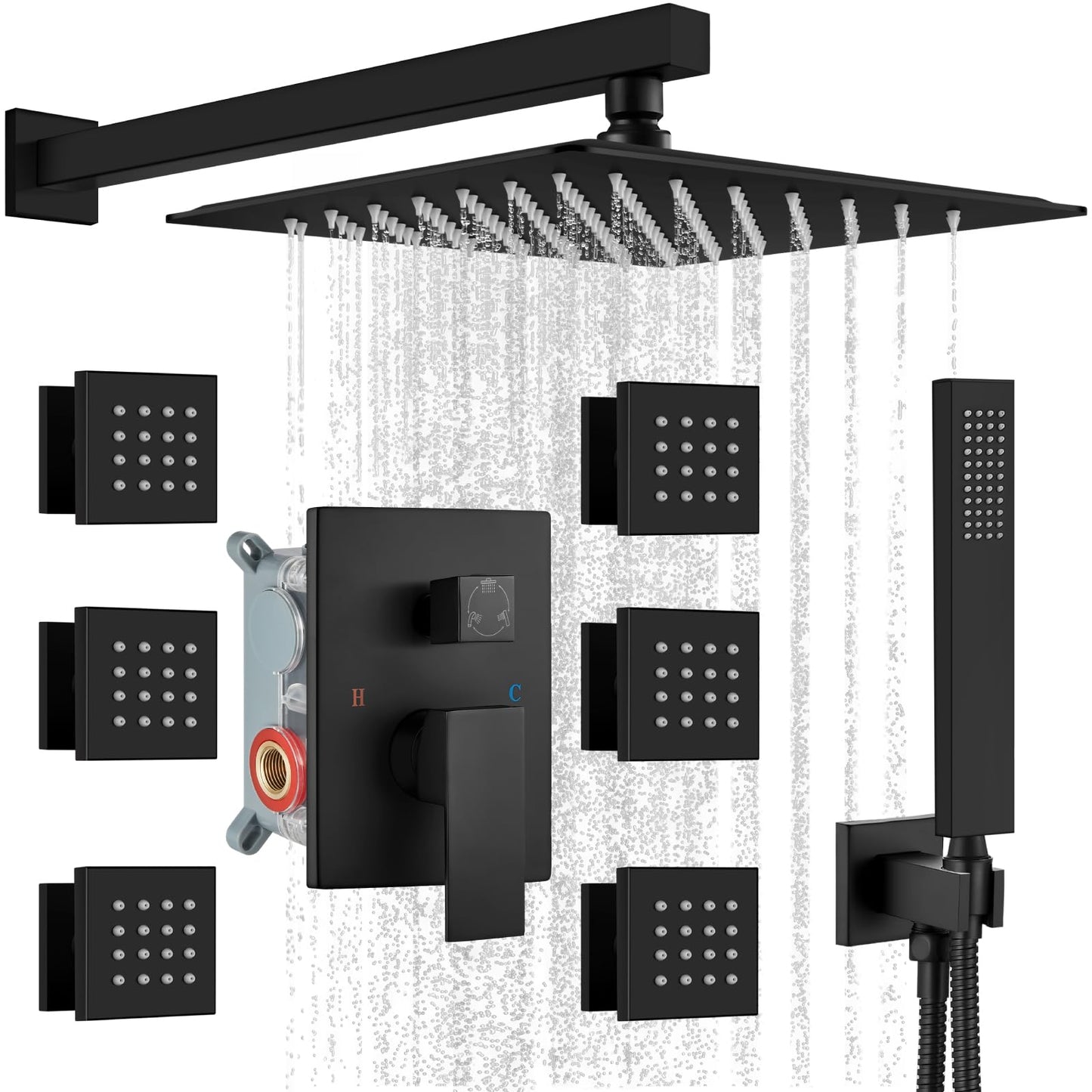 gotonovo Shower Faucet with Full Body Jets Rain Mixer 12 inch Rainfall Shower Head and Handheld Spray Combo Wall Mounted Rough-in Valve and Trim Included with 6pcs Body Message Jets Matte Black