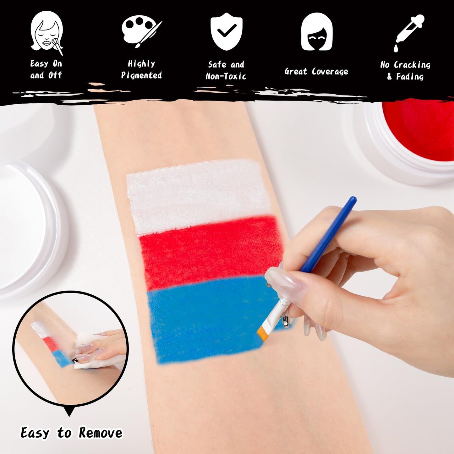 TonJin White Red Blue Face Body Paint Set 5.28oz,Non-Toxic Professional Facepaint Makeup Kit with 3 Brushes for Kids & Adults 4t