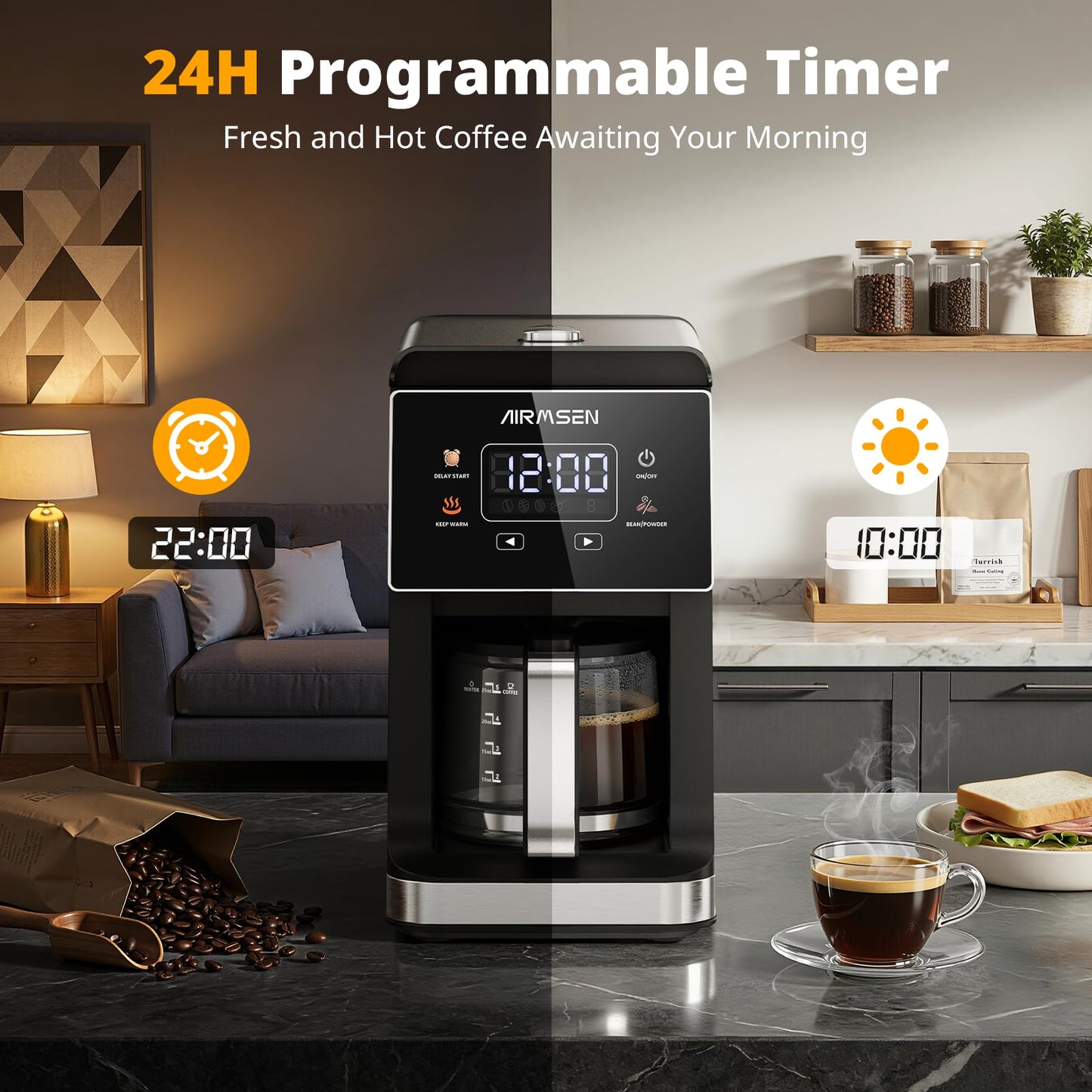 AIRMSEN Grind & Brew Coffee Maker with Built-in Grinder, Programmable Single Serve Coffee Maker - 5 Cup-800ML, 3 Grind Settings, Auto Keep Warm & Glass Carafe for Small Home and Office