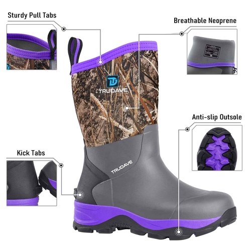 Trudave Rubber Rain Boots for Women, Neoprene Insulated Mud Work Boots, Anti-slip Breathable Mid-calf Womens Waterproof Boots for Garden, Water Fishing, Purple, Size 9